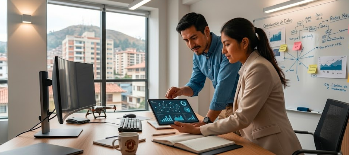 A focused male and female data scientist team, both in professional attire, are engaged in a collaborative discussion around a digital tablet displaying intricate machine learning algorithms and charts. The foreground features their intent expressions and the tablet, while the middle ground showcases a modern office setting filled with whiteboards and tech gadgets. In the background, large windows reveal a city skyline, suggesting an innovative atmosphere. Soft, natural light streams in, creating an inspiring and productive workspace ambiance. The composition captures the essence of teamwork and technological advancement in artificial intelligence. Ideal for a professional article depicting careers in AI, emphasizing the role of Machine Learning Engineers and Data Scientists.